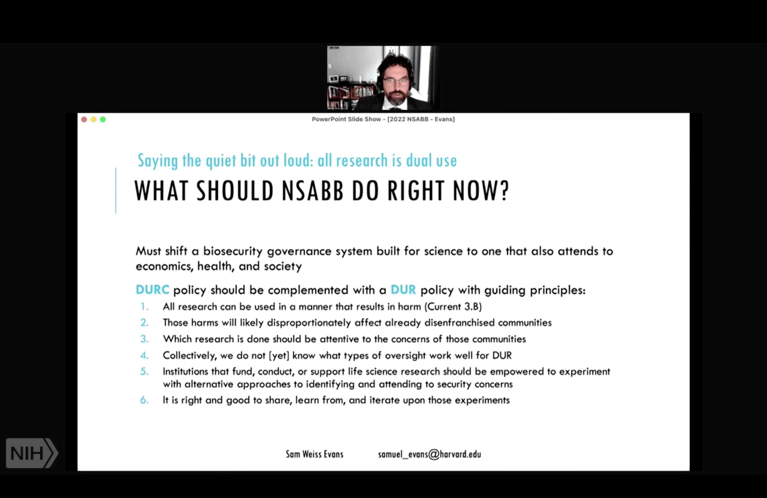 Sam Weiss Evans presenting to the national science advisory board on biosecurity on zoom
