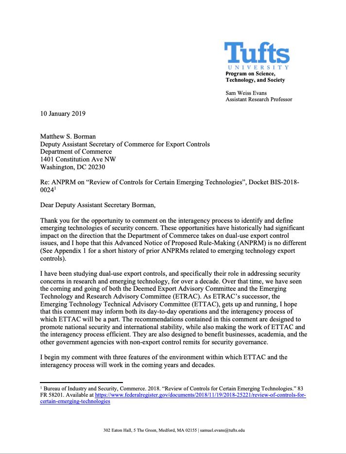Comment for the Department of Commerce ANPRM on “Review of Controls on Certain Emerging Technologies”